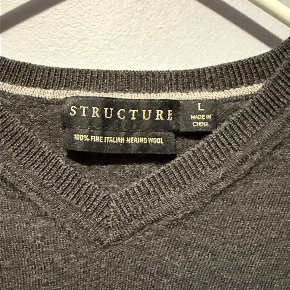 Structure Men's Dark Gray V-Neck Sweater 100% FINE ITALIAN MERINO WOOD